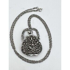 VTG ART Arthur Pepper Silver CHAIN NECKLACE Filigree Kiss-Lock Purse/Bag Pendant
